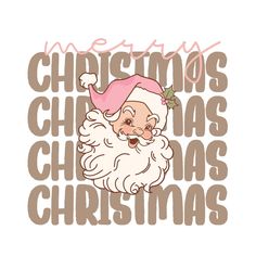 a santa clause with the words merry christmas written in brown and pink on it's face