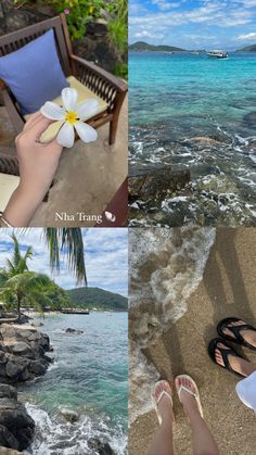 two pictures one with a person's feet on the beach and another with a flower in their hand