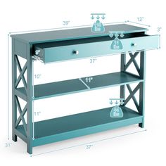 a blue shelf with two drawers and measurements