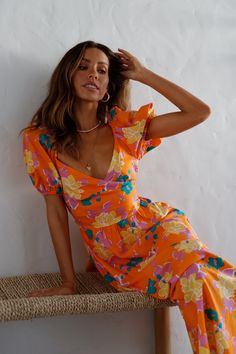 Length from shoulder to hem of size S: 110cm. Orange midi dress. Non-lined. Cold hand wash only. Model is a standard XS and is wearing size XS. True to size. Woven fabric. No zipper. Lined. Slip-on style. Cotton. Floral is all the rage this season, so why not make it neon? The Neon Gardens Midi Dress has an all-over floral print, adorable puffy sleeves, crisscrossed front and it's backless! Perfect for the sunnier weather. Style yours with yellow heels and your signature sunnies. Orange Midi Dress, Yellow Heels, Prom Shopping, Puffy Sleeves, Floral Midi Dress, Xl Dress, Sequin Dress, Dresses Xs, Homecoming Dresses