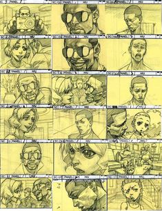 an animation storyboard with many different faces