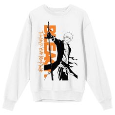 Step into the captivating world of Bleach 1000 Year Blood War with this adult white crew neck long sleeve sweatshirt. Adorned with an image of Ichigo Kurosaki against vibrant orange letters spelling out the anime's logo, this sweatshirt is a must-have for fans. Crafted from a comfortable blend of 50% cotton and 50% polyester, it offers both style and durability. Maintain its pristine condition with ease by machine washing on cold and tumble drying on low heat. Embrace the spirit of Bleach confid White Long Sleeve Sweatshirt With Anime Print, White Cotton Sweatshirt With Anime Print, White Graphic Print Crew Neck Sweater, White Crew Neck Sweater With Graphic Print, White Cotton Sweater With Graphic Print, White Long Sleeve Anime Print T-shirt, White Long Sleeve T-shirt With Anime Print, White Anime Print Crew Neck Top, White Long Sleeve Top With Anime Print