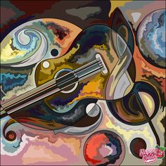 an abstract painting of a violin and music notes