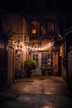 an alleyway at night with lights strung from the ceiling and potted plants on either side