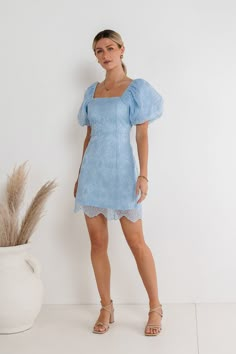 Maye Lace Mini Dress in Blue Modest Homecoming Dresses, Rush Outfits, Senior Photo Outfits, Ruffle Sleeve Dress, Mini Cocktail Dress, Knee Dress, Hoco Dresses, Date Outfits, Lace Mini Dress