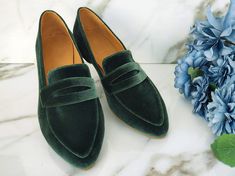 "DESCRIPTION Make a statement with your footwear choice.  The rich green velvet adds a touch of luxury, making these moccasins a standout choice for any occasion. Whether you're heading to a business meeting or a social gathering, our women's green velvet shoes are the perfect choice to showcase your unique style and impeccable taste. The low-heel design ensures all-day comfort, allowing you to wear these moccasins from morning meetings to evening events without missing a beat. These one-of-a-kind slip-on velvet shoes are not only stylish but also incredibly convenient. Slip them on and off effortlessly, saving you precious time when you're on the go. Crafted with attention to detail, our velvet loafers boast superior quality, ensuring durability and longevity. Get ready, these loafers wil Green Velvet Shoes, Women Moccasins, Womens Loafers, Morning Meetings, Velvet Loafers, Velvet Shoes, Minimalist Women, Shoes Classic, Heel Design