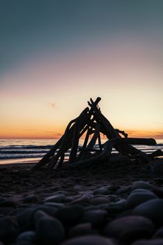 a group of sticks sitting on top of a beach next to the ocean at sunset