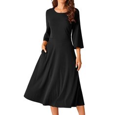 Seta T Women's Elegant Crewneck Bell 3/4 Sleeve Tie Waist Casual Midi Dress with Pockets is a versatile addition to your wardrobe. The fashion style includes Bell 3/4 Sleeve, Round Neck, Side Zipper, High Waist, Two Pockets, and Belted design. The elegant midi knit dress flatters any body shape, making it a timeless piece suitable for various occasions. Crafted from 95% Polyester and 5% Spandex, this dress is lightweight, comfortable, and breathable, ideal for any season. Its chic and understate Women’s Black Midi Dress, Black Midi Dress With 3/4 Sleeve For Spring, Casual Black Midi Dress With 3/4 Sleeves, Black Non-stretch V-neck Midi Dress, Black V-neck Midi Dress With Button Closure, Ballet Dress, Midi Dress Casual, Womens Crewneck, 70 Dress