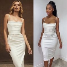 two women in white dresses one is wearing a strapless dress and the other has an asymmetrical neckline