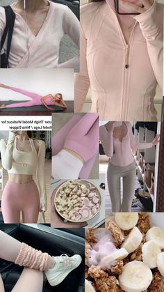 a collage of photos with bananas and other things in the background, including a woman's leggings