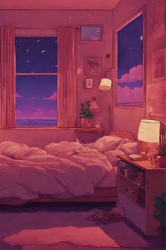 Digital illustration of a bedroom by the window. Lofi aesthetic. Bedroom Illustration, Lo-fi Aesthetic, Bedroom Drawing, Bedroom Background, Art Journal Techniques, Lo Fi, Bedroom Posters, Cute Poster, Night Art