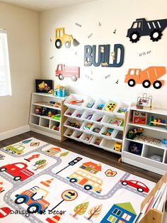 a child's playroom with toys, bookshelves and rugs on the floor