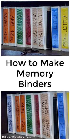 two rows of books with the words how to make memory binders written on them