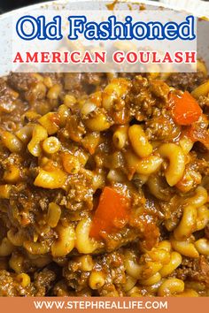 an old fashioned american goulash recipe with carrots and noodles in a white bowl