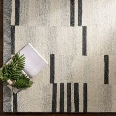 a white rug with black stripes and a green plant on the floor next to it