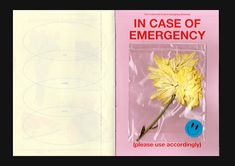 an open book with a yellow flower in the middle and four circles around it that say, in case of emergency please use according