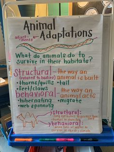 a sign with writing on it that says animal adaptions and what do animals do to survive in their habitat?