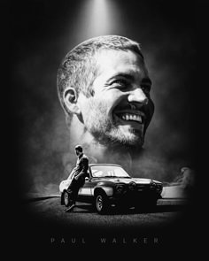 a black and white photo of a smiling man next to a car