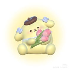 a yellow teddy bear holding a pink flower