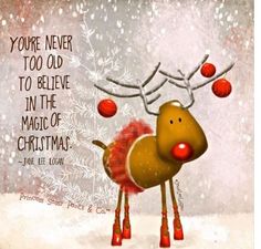 a christmas card with an image of a reindeer in red boots and a quote that says, you're never too old to believe in the magic of christmas