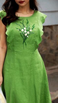 Dress With Hand Embroidery, Embroidery Designs On Dress, Cute Embroidery On Clothes, Dress Made Of Flowers, Dress Green Outfit, Green Dress For Women, Embroidery Dress Designs, Daisy Flower Embroidery, Hand Embroidered Dress