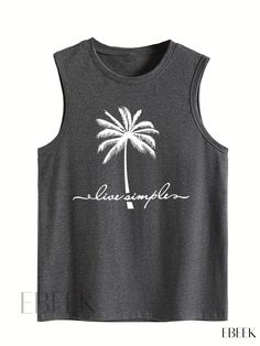 Ebeek - Stylish Coco Palm Print Tank Top: Fashionable Sleeveless Summer Top with Crew Neck, Ideal for Womens Fashionable Wardrobe Trendy Summer Vest With Letter Print, Summer Sleeveless Vest With Letter Print, Sleeveless Summer Vest With Letter Print, Trendy Gray Sleeveless Tank Top, Sleeveless Graphic Print Summer Vest, Sleeveless Cotton Tank Top For Beach Season, Sleeveless Gray Tank Top For Summer, Gray Sleeveless Top For Summer, Gray Sleeveless Summer Top