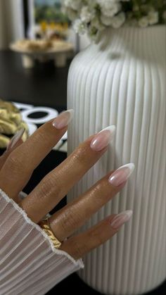 Bride French Tip Nails Wedding, French Mani Acrylic, French Tip Acrylic Nails Almond Chrome, French Bride Nails, Bride Pedicure Ideas, French Tip Bride Nails, Classy Almond Shaped Nails, Wedding Nails Inspo For Bride, French Ombre With White Chrome