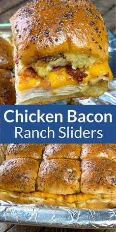 Collage of chicken bacon ranch sliders on Hawaiian rolls with text Chicken Bacon Ranch Sliders, Bacon Ranch Sliders, Ranch Sliders, Sliders Recipes Hawaiian Rolls, Easy Slider, Slider Sandwiches, Chicken Sliders