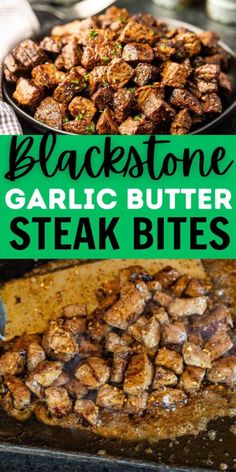 black stone garlic butter steak bites in a skillet