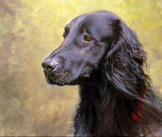 a painting of a black dog with long hair