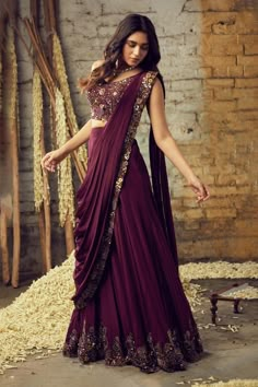 Buy Nehha Nhata Purple Crepe Pre-draped Sharara Saree With Embroidered Blouse Online | Aza Fashions Sharara Saree, Function Dresses, Lehenga Designs Simple, Fancy Sarees Party Wear, Traditional Indian Dress, Half Saree Designs, Saree Designs Party Wear