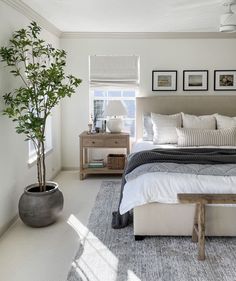 a bedroom with a large bed and two planters on the side of the bed