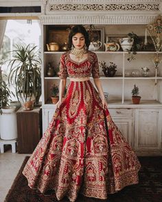 a woman in a red and gold wedding dress standing on a rug with potted plants behind her