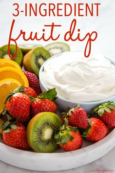 an image of fruit dip on a plate with strawberries and kiwis around it