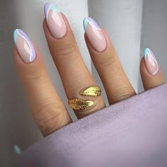 Lianfudai 24Pcs Simple Almond False Nails Shiny White French Stiletto Pastel Nails Designs Almond, Acrylic Nail French Tip Color, Cute Gel Nails For Summer French Tips, Cute Pastel Nail Ideas, Spring Tip Nails, Oval Nails Designs Spring, Color French Nails Summer, Pastel Tips Nails, Cool French Nails