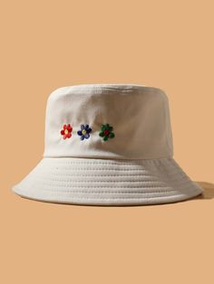 White Casual   Cotton Cartoon Bucket Hat Embellished  Spring/Fall Women Accessories Types Of Caps For Women, Bucket Hat Embroidery Designs, Galentines 2023, Bucket Hat With Embroidery, Casual Embroidered Cotton Bucket Hat, Fun White Bucket Hat, White Bucket Hat Embroidery, Bucket Hat Ideas