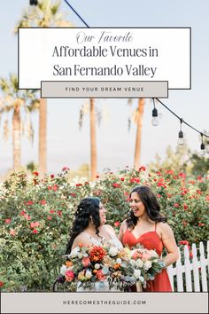 two women in red dresses standing next to each other with the words, our favorite affordable venues in san francisco valley find your dream venue