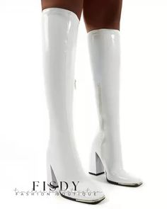 Fisdy - Premium PU Leather Chunky Over-The-Knee Boots Knee High Sandals, Leather Over The Knee Boots, Faux Leather Midi Skirt, Leather Midi Skirt, Chic Type, Square Toe Heels, Estilo Chic, Leather High Heels, Martin Boots