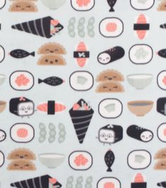 a white background with sushi and other food items on it, including rice balls