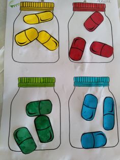 Pilletjes sorteren volgens kleur. 4 verschillende kleuren. *Liestr* Doctor Activities For Toddlers, Doctor Bag Craft, Community Helpers Crafts, Safety Crafts, Cute Powerpoint Templates, Toddler Sensory Bins, Flower Crafts Kids