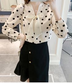 Lace Bow Polka Dot Pattern V-Neck Blouse Shirt – Nada Outfit Land Polka Dot Long Sleeve Blouse For Work, Polka Dot Long Sleeve Tops For Workwear, Polka Dot Blouse For Office In Fall, Polka Dot Long Sleeve Shirt For Workwear, Polka Dot Long Sleeve Shirt For Spring, Spring Polka Dot Blouse With Collar, Spring Polka Dot Shirt For Work, Casual Blouse Shirts, Coachella Valley