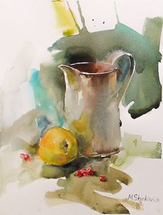 a painting of a pitcher and some fruit