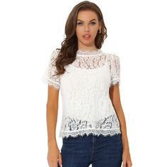 The sheer floral lace is chic and sophisticated as it forms a round neckline and short-shirred sleeves. This lovely top, featuring a keyhole with button closure in the back, is the perfect balance of romance and ease. This blouse is great for both working and going out. Pair this top with your pants or jeans to make an elegant look. Shirred Sleeve, Semi Sheer Top, Sheer Lace Top, Floral Lace Tops, Ruffle Sleeve Blouse, Lovely Tops, Scalloped Trim, Chiffon Ruffle, Hem Style