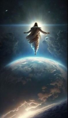 an image of jesus floating in space above the earth with his arms outstretched to the sky