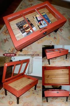 an old dresser turned into a coffee table with magazine rack and mirror on the top