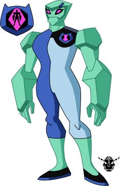 an image of a cartoon character in blue and green with pink accents on his face