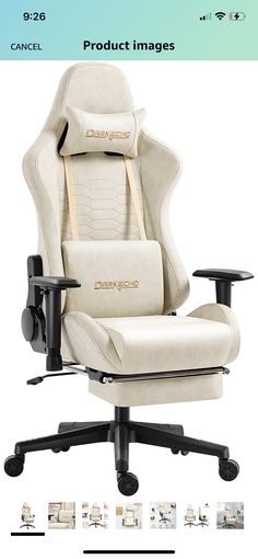 an office chair is shown with different angles and sizes to choose from, including the seat cushion