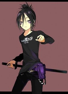 an anime character with black hair and purple pants holding two swords in one hand while standing against a pink background