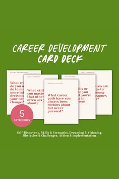 four cards with the words career development card deee on them, in red and green