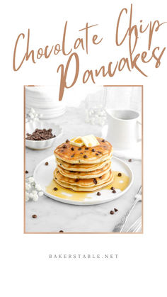 chocolate chip pancakes on a white plate with coffee beans and milk in the background text reads, chocolate chip pancakes